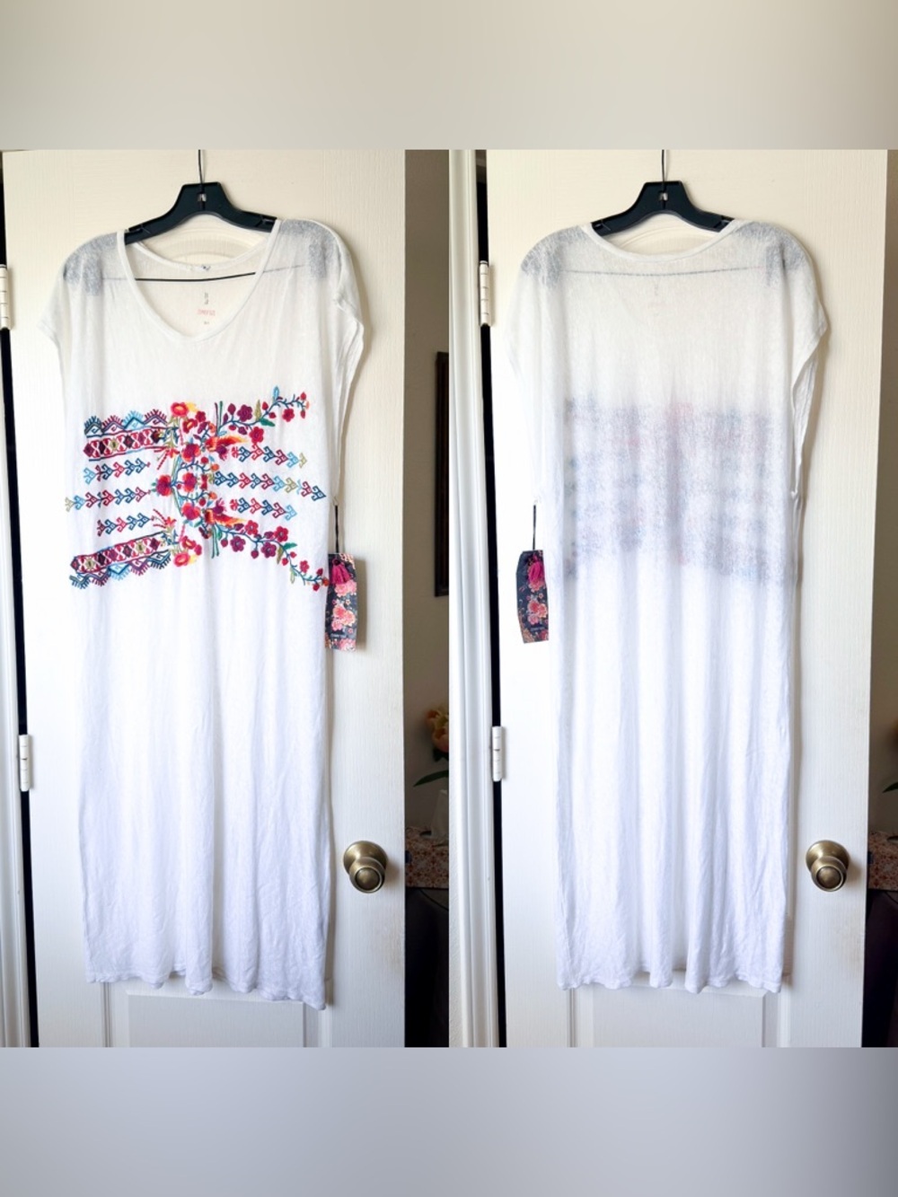 Johnny Was Asana Linen Midi Dress Embroidered White Multi Small NWT